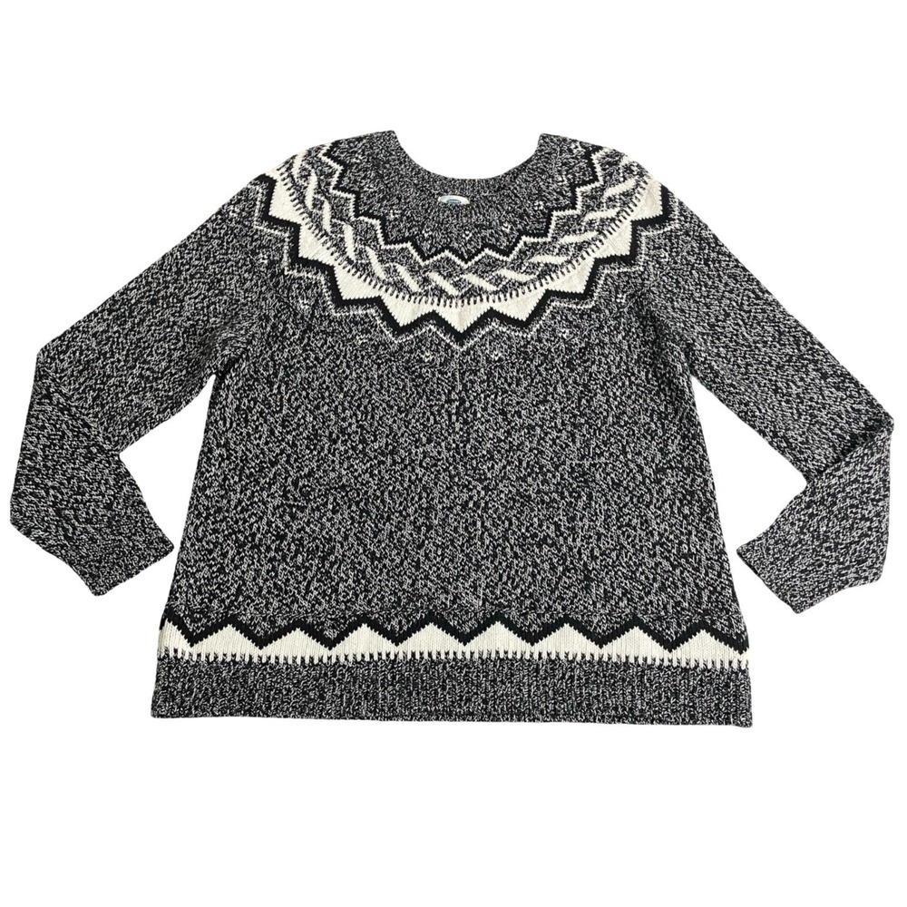 Old Navy Classic Fair Isle Sweater Womens XXL Black Marl Nordic Crewneck Knit